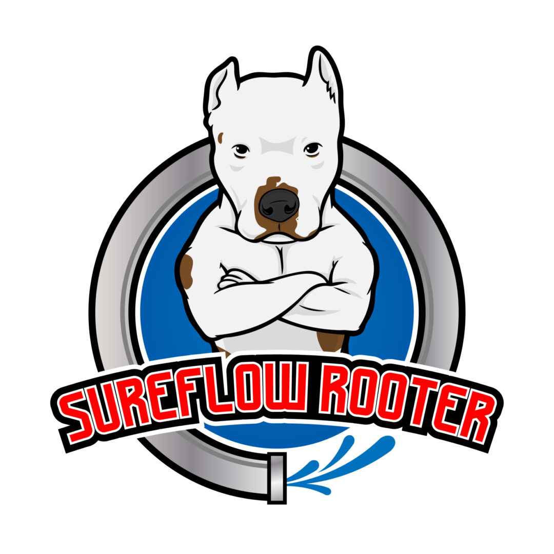 A white dog with its arms crossed in front of the words sureflow rooter.